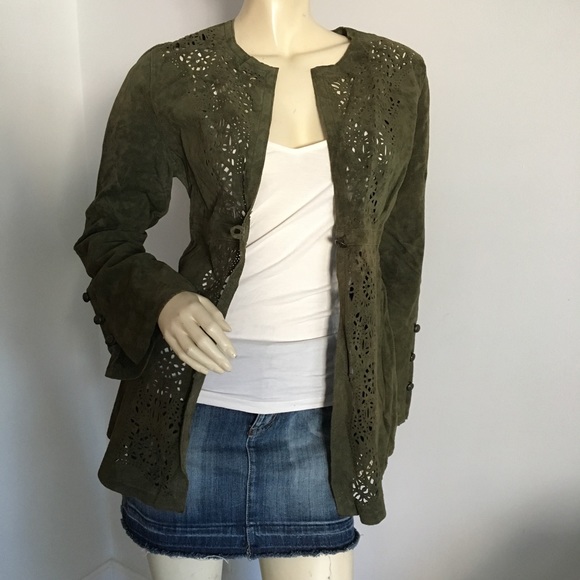 Green genuine leather suede jacket with laser cut detail size medium - Picture 2 of 8